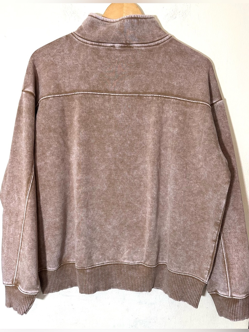 Zenana Vintage-Inspired Acid Wash Fleece Half Zip Sweatshirt Deep Camel - Picture 3 of 7